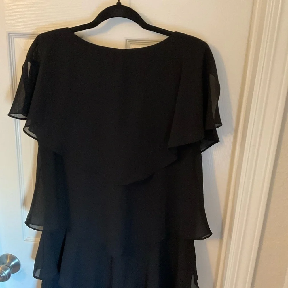 Patra Black Chiffon Tiered Sheath Dress with Capelet Sleeves, Size 16 - Picture 9 of 12
